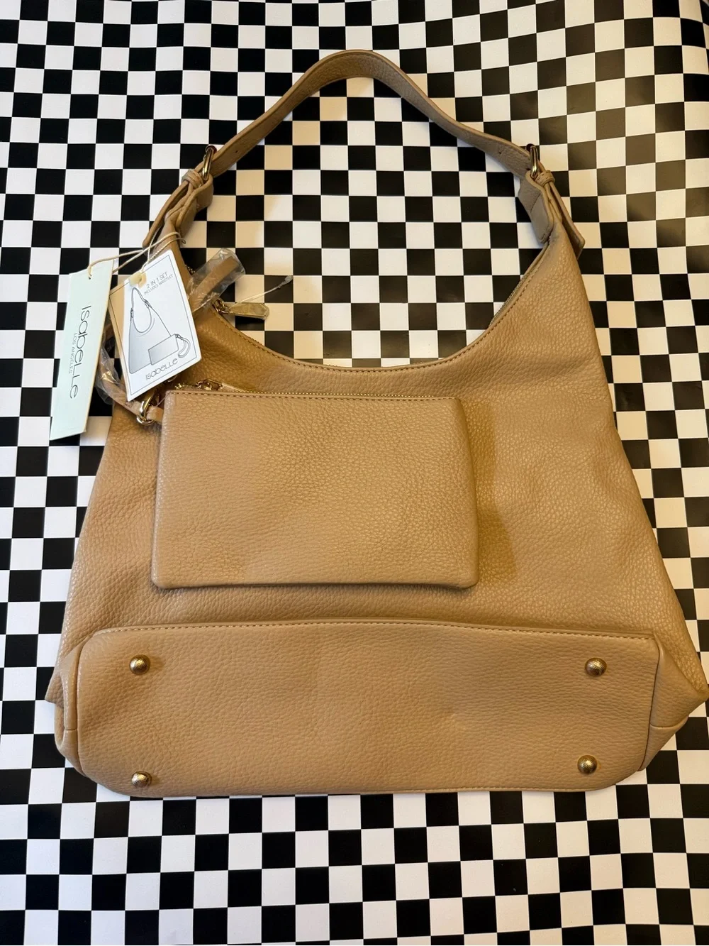 Pebbled Hobo Shoulder Bag in Tan with Wrist Pouch
